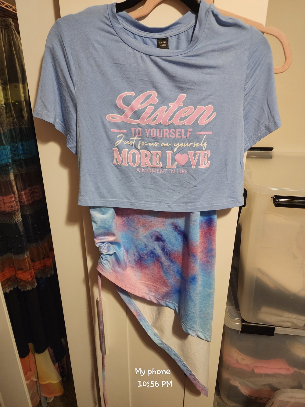 SHEIN Light Blue Crop Tee with Pink Lettering & Tie-Dye High-Low Skirt
